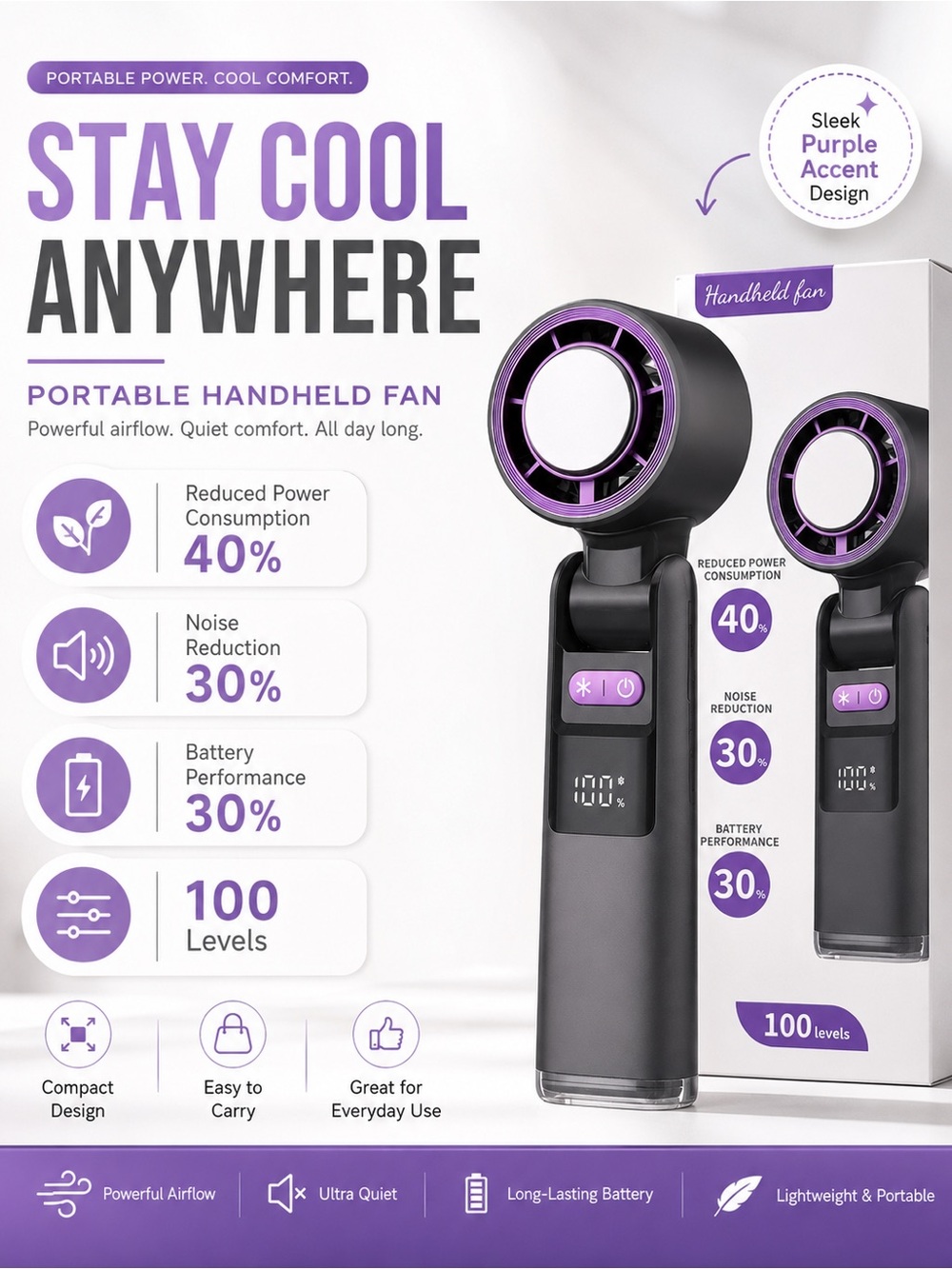 Portable Handheld Fan - Black with Purple Accents
